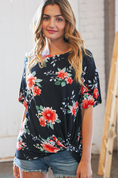 Midnight Floral Short Bell Sleeve Knotted Top