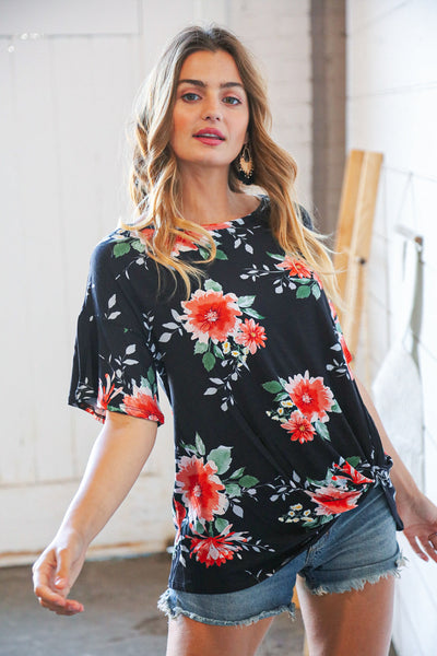 Midnight Floral Short Bell Sleeve Knotted Top