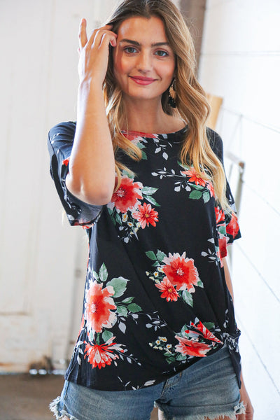 Midnight Floral Short Bell Sleeve Knotted Top