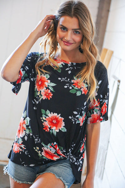 Midnight Floral Short Bell Sleeve Knotted Top