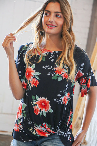 Midnight Floral Short Bell Sleeve Knotted Top