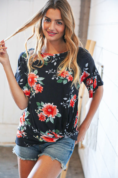 Midnight Floral Short Bell Sleeve Knotted Top