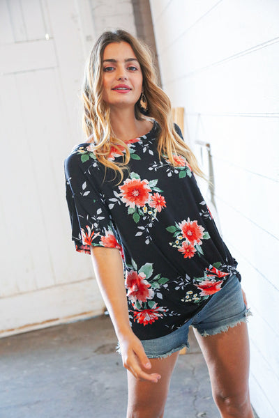 Midnight Floral Short Bell Sleeve Knotted Top