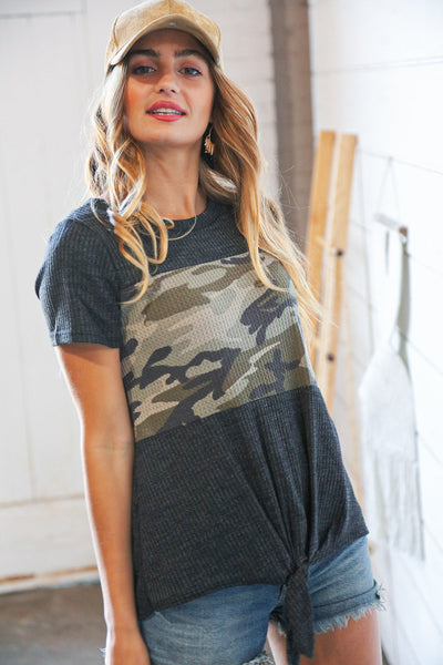 Charcoal Camo Color Block Thermal Knotted Top