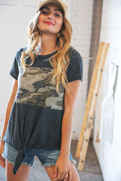 Charcoal Camo Color Block Thermal Knotted Top