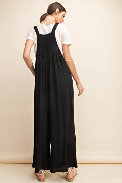 Black Sleeveless Ruched Wide Leg Overalls