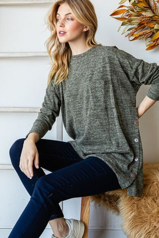 Button Side Round Neck Long Sleeve T-Shirt