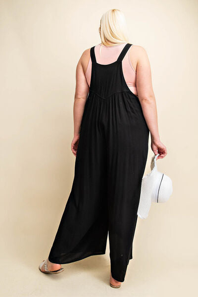 Black Sleeveless Ruched Wide Leg Overalls