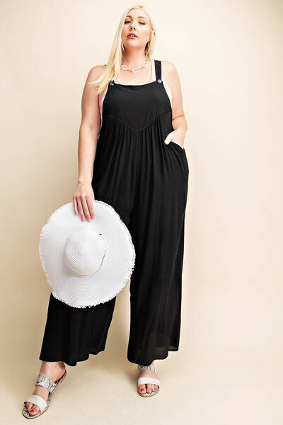 Black Sleeveless Ruched Wide Leg Overalls