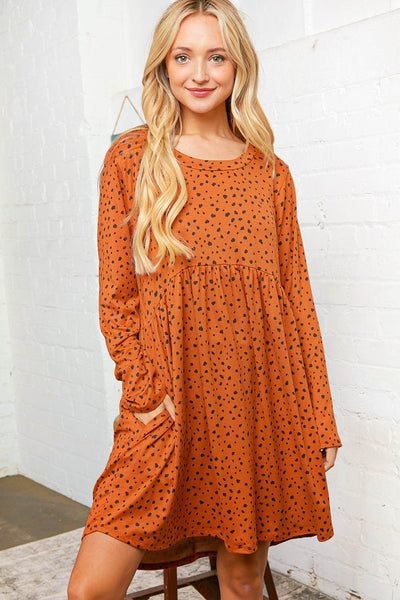 Rust Dotted Leopard Babydoll Pocketed Swing Dress