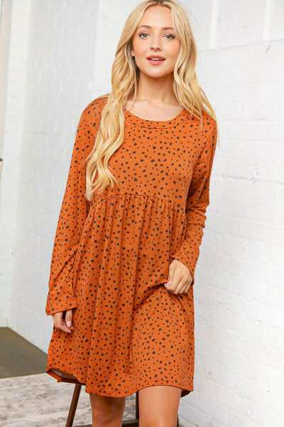 Rust Dotted Leopard Babydoll Pocketed Swing Dress