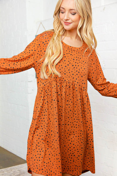 Rust Dotted Leopard Babydoll Pocketed Swing Dress