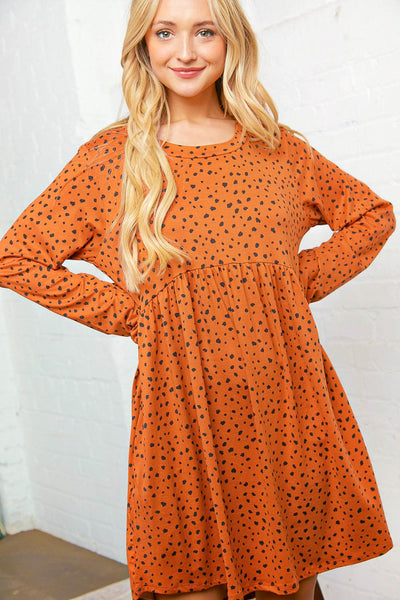 Rust Dotted Leopard Babydoll Pocketed Swing Dress