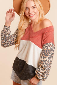 Cashmere Feel Leopard Bubble Sleeve V Neck Top