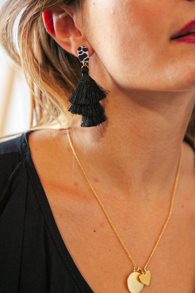 Jet Layered Leopard Drop Tassel Earrings