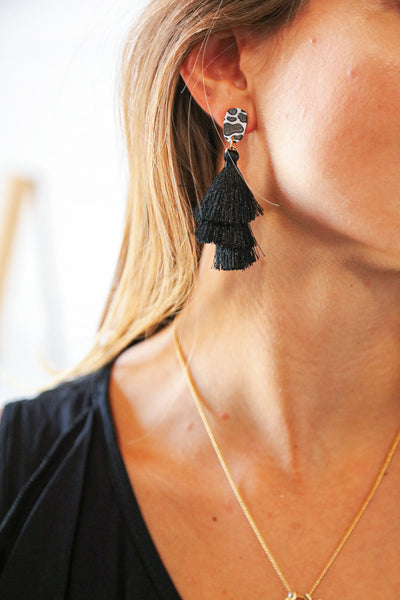 Jet Layered Leopard Drop Tassel Earrings