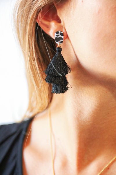 Jet Layered Leopard Drop Tassel Earrings