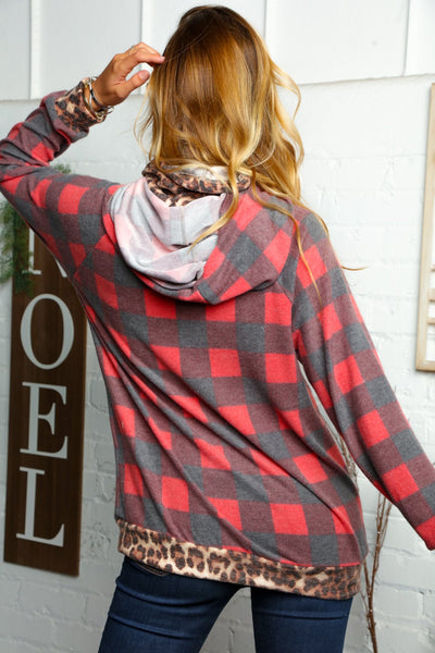 Plaid & Leopard Zipper Down Double Hoodie