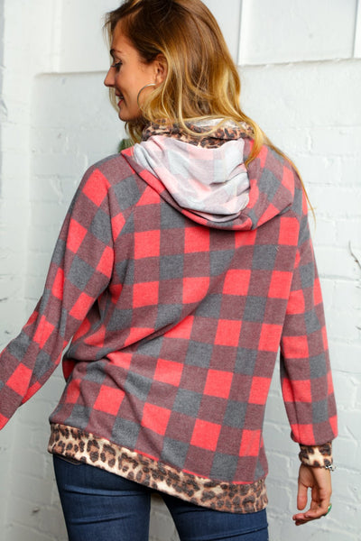 Plaid & Leopard Zipper Down Double Hoodie