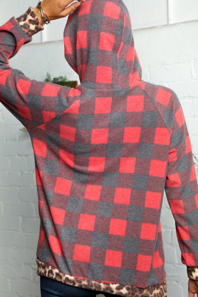 Plaid & Leopard Zipper Down Double Hoodie