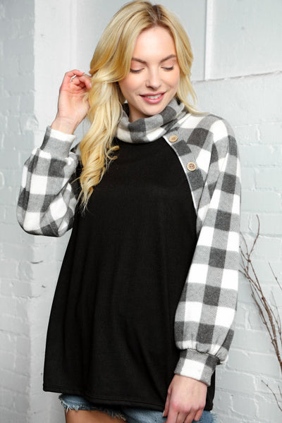 Cashmere Feel Plaid Turtle Neck Raglan Top