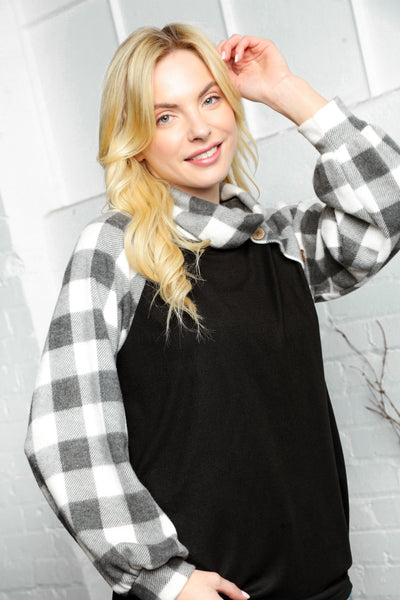 Cashmere Feel Plaid Turtle Neck Raglan Top