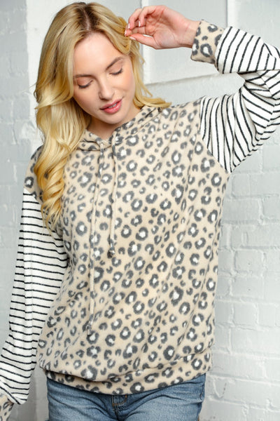 Leopard and Stripe Sleeve Drawstring Hoodie