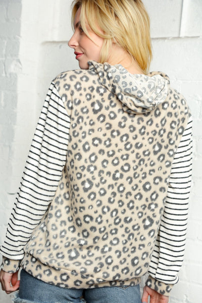 Leopard and Stripe Sleeve Drawstring Hoodie