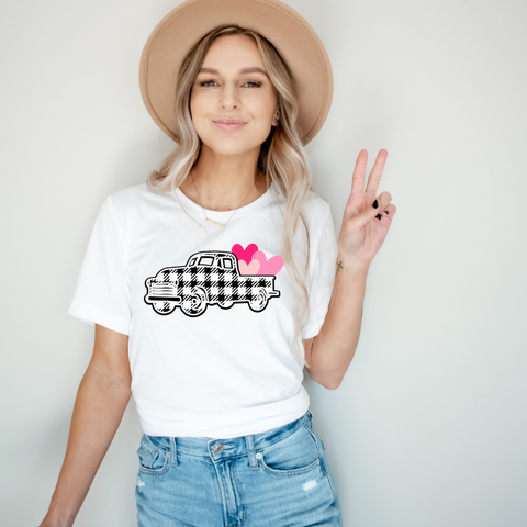 Plaid Truck With Hearts - Direct To Garment (DTG) - Graphic Tee