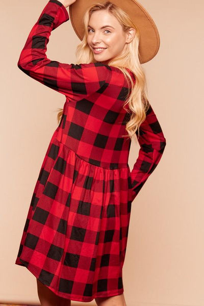 Plaid Babydoll Peplum Pocketed Dress