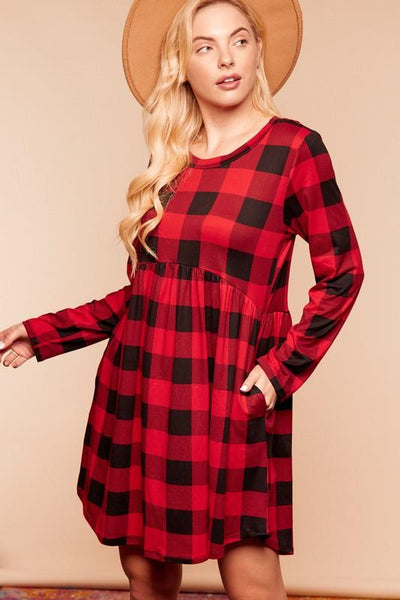 Plaid Babydoll Peplum Pocketed Dress