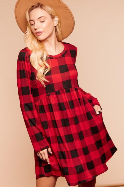 Plaid Babydoll Peplum Pocketed Dress