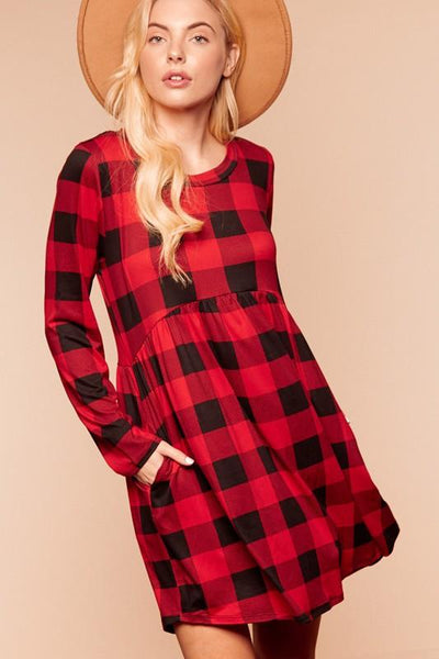 Plaid Babydoll Peplum Pocketed Dress